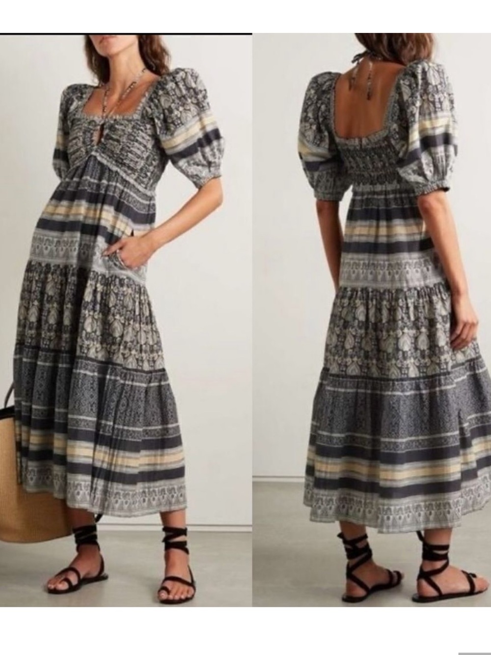 Sea Smocked Midi Dress in Gray, Blue and Cream